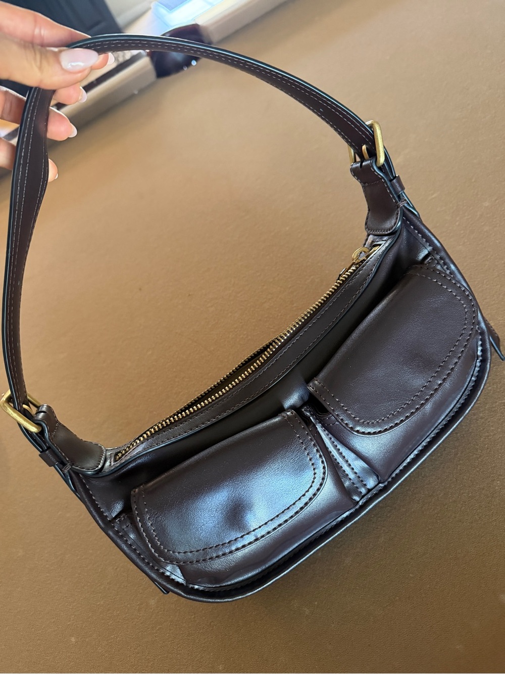 Zara Dark Brown Leather Shoulder Bag with Twin Front Pockets